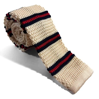 Light Beige & Red Striped Knitted Tie (Handmade) - Image 1 of 3
