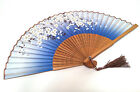 Japanese Hand Fan  Bamboo Folding Handheld Fan Blue w Cherry Blossom Design 