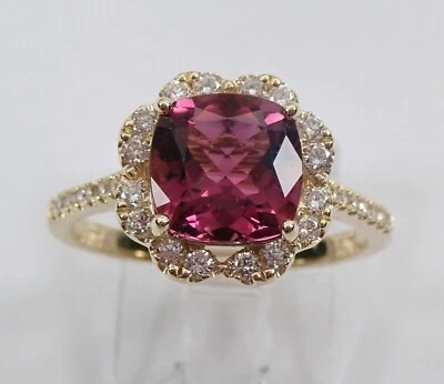 3Ct Cushion Lab-Created Pink Ruby Halo Engagement Ring 14k Yellow Gold Plated - Image 1 of 4