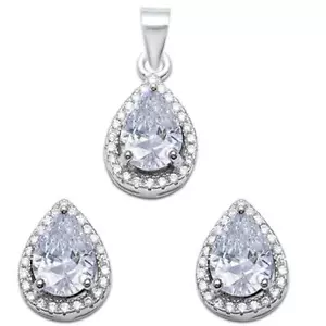 Halo 2.50ct Pear Shape White Cz .925 Sterling Silver Pendant & Earring Set - Picture 1 of 2