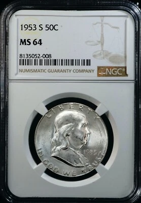 1953-S Franklin Half Dollar Silver UNC, NGC MS64, Nice Bright White  052-008 - Image 1 of 4