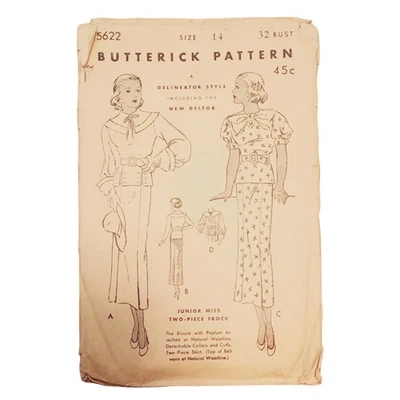 Vintage 1930s Sewing Pattern ORIGINAL:  Dress w/Collar & Belt Butterick 5622 - Image 1 of 4