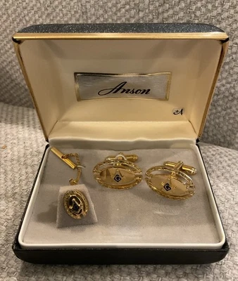 Abotoaduras maçônicas vintage Anson folheadas a ouro e gravata tac com barra em T novo na caixa - Imagem 1 de 4