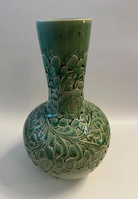 Botella/jarrón floral ornamentado cerámica esmalte verde Longquan Celadon grande de colección decoración Foto 1 de 4