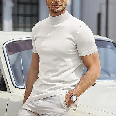 Spring Summer Elastic Comfortable Men's T-shirt Small High Collar Stripe Shirt S - Image 1 of 4