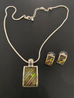 Vtg Kenneth Cole Yellow Black Prism Beveled Stone Pendant Snake Chain & Earrings - Image 1 of 4