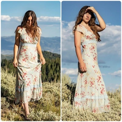 Express Womens Vintage Y2K 90s Cottagecore Cherry Floral Print Silk Dress 1/2 - Image 1 of 4