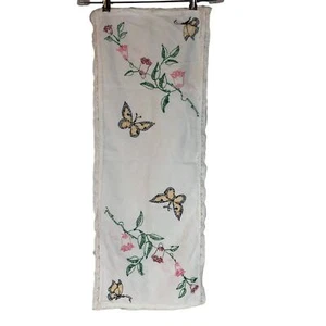 Vintage Embroidered Butterfly and Flower Bouquet Lace Trimmed Small Runner - Picture 1 of 11