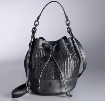 STYLE # HSV31SB70 - VERA VERA  WANG -  VEGAN LEATHER STRAW BUCKET BAG (BLACK) - Image 1 of 4