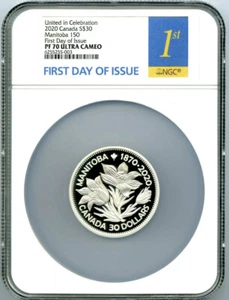 2020 $30 CANADA 2 OZ SILVER MANITOBA 150 NGC PF70 FIRST DAY ISSUE MINTAGE 2500 - Picture 1 of 2