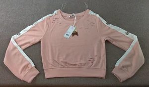 MIMI New York Destroyed Crop Pullover Sweatshirt Small Blush Pink White Trim - Picture 1 of 10
