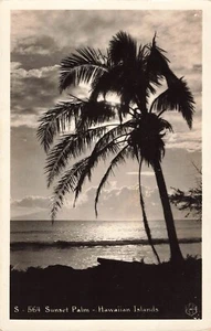 Real Photo Postcard Hawaiian Islands Sunset Palm Hawaii Territory PM 1938 S4 - Picture 1 of 2