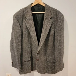 Vintage Tweed Wool Blazer Deansgate Gray 2 Leather Button Sport Coat Size 46 L - Picture 1 of 14