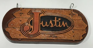 Vintage Justin boots advertising sign rack hanger double sided 5" x 11" - Picture 1 of 9