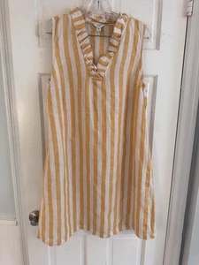 Crown & Ivy Linen Dress Sz XL Orange White Stripe Ruffle Neck Cottage Resort - Picture 1 of 9