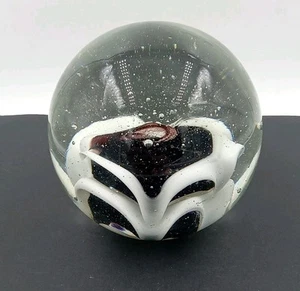 Blown  Glass Sphere / Orb  Paperweight Plum Color White Clear Bubbles 4" Heavy - Picture 1 of 11