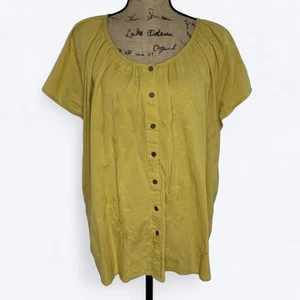 Westport Button Front Shirt Womens Sz 2X Mustard Yellow Floral Embroidered Boho - Picture 1 of 11