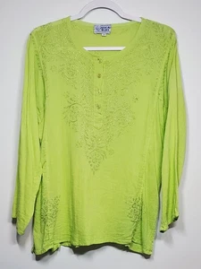 Mexicali Blues Women's Medium Boho Chartreuse Embroidered Cotton Gauze Kurta Top - Picture 1 of 6