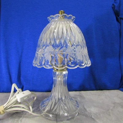 Cut Crystal Table Lamp Etched Floral Shade Leviton Dimmer Brass Finial - Image 1 of 4