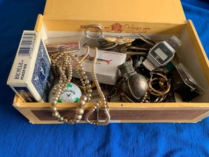 vintage Junk BOX Drawer Lot MISC Watches Pins Costume Jewelry Playing Cards etc - Picture 1 of 6