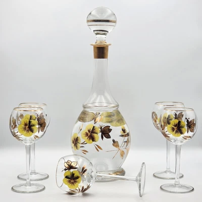 Mid Century Glass Decanter & 5 Stemmed Glasses Hand Painted Floral Gold Rim - Image 1 of 4