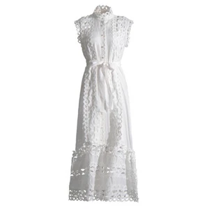 French Spring Women Elegant Solid Color Dress Round Neck Sleeveless Hollow Dress - Picture 1 of 16