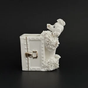 Vintage Spaghetti Poodle Dog Figurine Planter Vase White w/ Gold Accents Small - Picture 1 of 10
