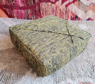 Moroccan Handmade Pouf Berber Yellow Kilim  Rug Floor Cushion Ottoman Footstool - Image 1 of 4