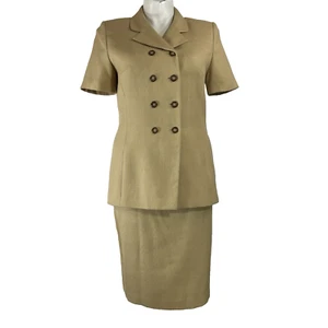 Le Suit 12 Tan Double Breasted Button Straight Skirt Short Sl Jacket Lined 2 Pc - Picture 1 of 5