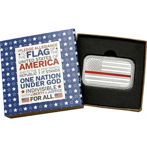 Hand-Enameled Thin Red Line Flag 1oz .999 Silver Bar by SilverTowne in Gift Box - Picture 1 of 8