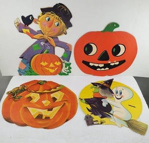 4 Vintage Die Cut Halloween Decorations - Scarecrow - Jack o Lanterns - Witch - Picture 1 of 9