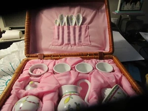 Barnes and Noble Vintage Child's Tea Set, Wicker basket Ceramic Miniature - Picture 1 of 7