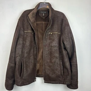Faux Suede Leather Coat Men XL Fleece Lined Jacket Full Zip Brown Cozy Warm Read - Picture 1 of 15