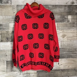 Vintage Pykettes Turtleneck Sweater Red With Square Design Long Sleeve Modest - Picture 1 of 6