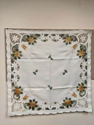 Vintage Satin Tablecloth Cut-Outs Stitched Flowers, Leave and Candles 33" x 33"  - Image 1 of 4