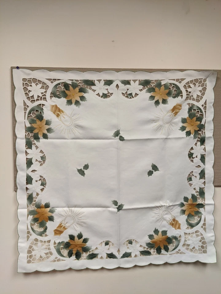 Vintage Satin Tablecloth Cut-Outs Stitched Flowers, Leave and Candles 33" x 33"  - Image 1 of 4