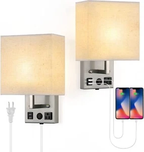Set of 2 Wall Lamp Plug in Wall Sconce Cabinet Wall Fixtures w/USB Charging Port - Picture 1 of 10