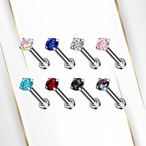 18G Flat Back Labret Nose Studs Rings Surgical Steel Prong Set Top CZ Gems Jewel - Picture 1 of 13