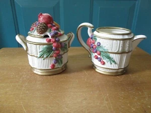 Fitz and Floyd Winter Spice Pattern Ceramic Creamer and Sugar Bowl with Lid - Picture 1 of 11