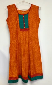 Vintage Indian Womens Orange Kurti Teal Red Accents Dress Size Medium - Picture 1 of 8