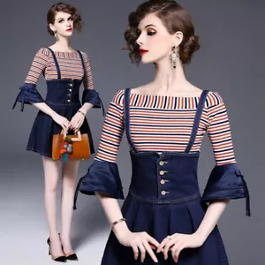 LO ÚLTIMO Moda Para mujeres Verano Off Hombro Mangas Destellos Prenda para el torso Vaquero Suspendedor Vestido - Imagen 1 de 10
