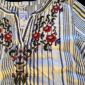 Westport 1X Embroidered Blouse Nautical Blue Stripe Top 100% Cotton V Neck 1T - Picture 1 of 9