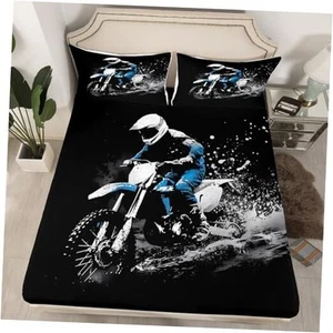 Dirt Bike Fitted Sheet Size Racing Themed Bed Sheet Set Ultra Full Black Blue - Picture 1 of 8
