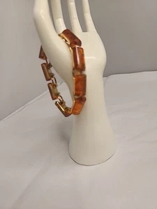 Vintage Amber Acrylic Lucite Barrel Block Link Gold Tone Bracelet - Picture 1 of 13