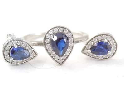 JANE SEYMOR STERLING SILVER BLUE SAPPHIRE & WHITE STONE RING EARRINGS SET - Image 1 of 4