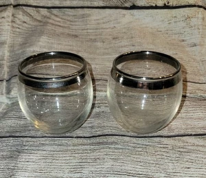 Vintage set of 2 silver Band Roly Poly Glasses barware cocktail 2 3/4" 4 ounces - Picture 1 of 3