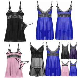 Men's Lace Mesh Dress with Sissy Pouch T-Back Thong Lingerie  Nightwear Babydoll - Picture 1 of 54