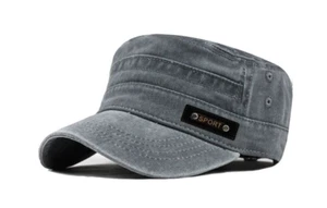 Military Hat Short Brim Flat Top Army Cadet Washed Distressed Gray Cap - Picture 1 of 1
