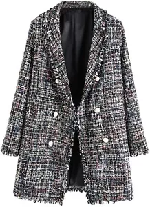 Women's Elegant Ripped Frayed Tweed Twill Office Blazer Trench Coat Jacket S - Picture 1 of 8