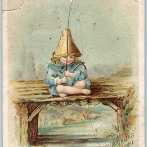 c1880s McLaughlin's XXXX Coffee Fishing Trade Card Cute Girl Gnome Hat Rare 3M - Bild 1 von 4